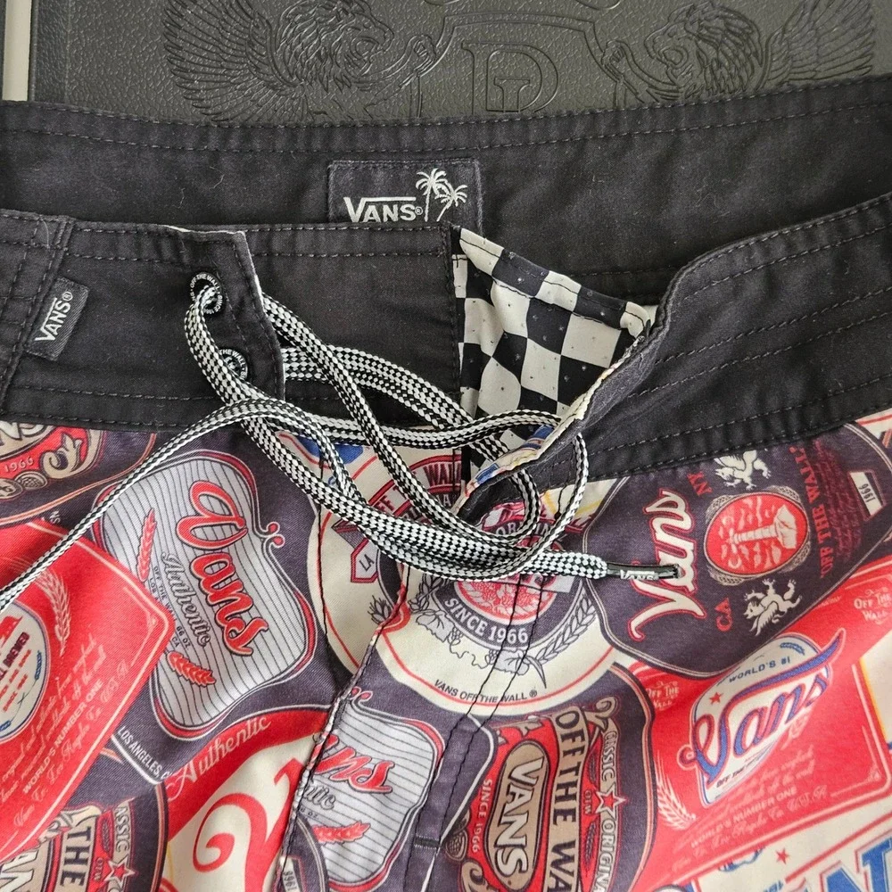 Vans Retro Beer Label Board Shorts Mens 30 (32) All Over Print Swim Trunks